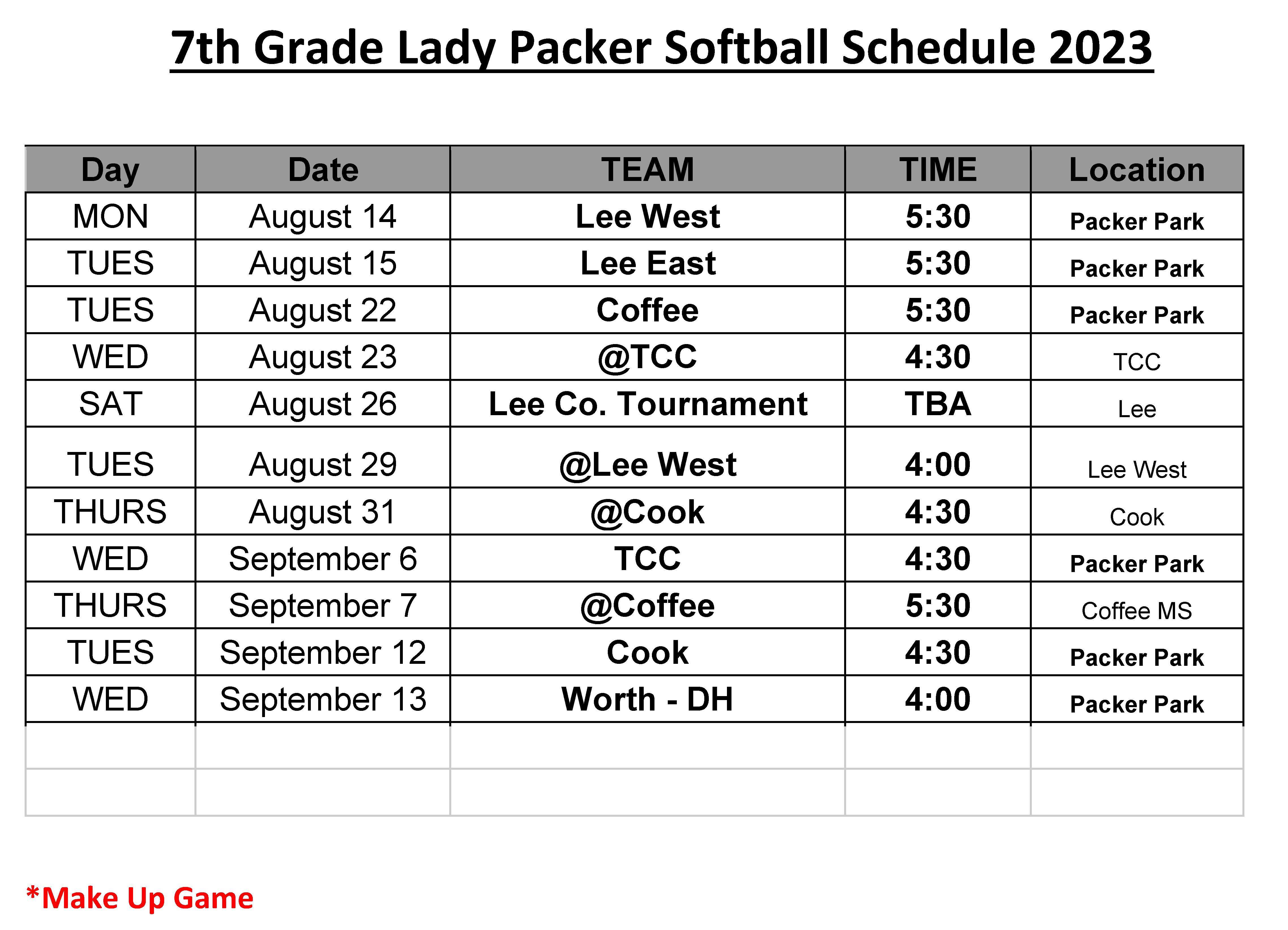 7th grade 2023 Softball Schedule