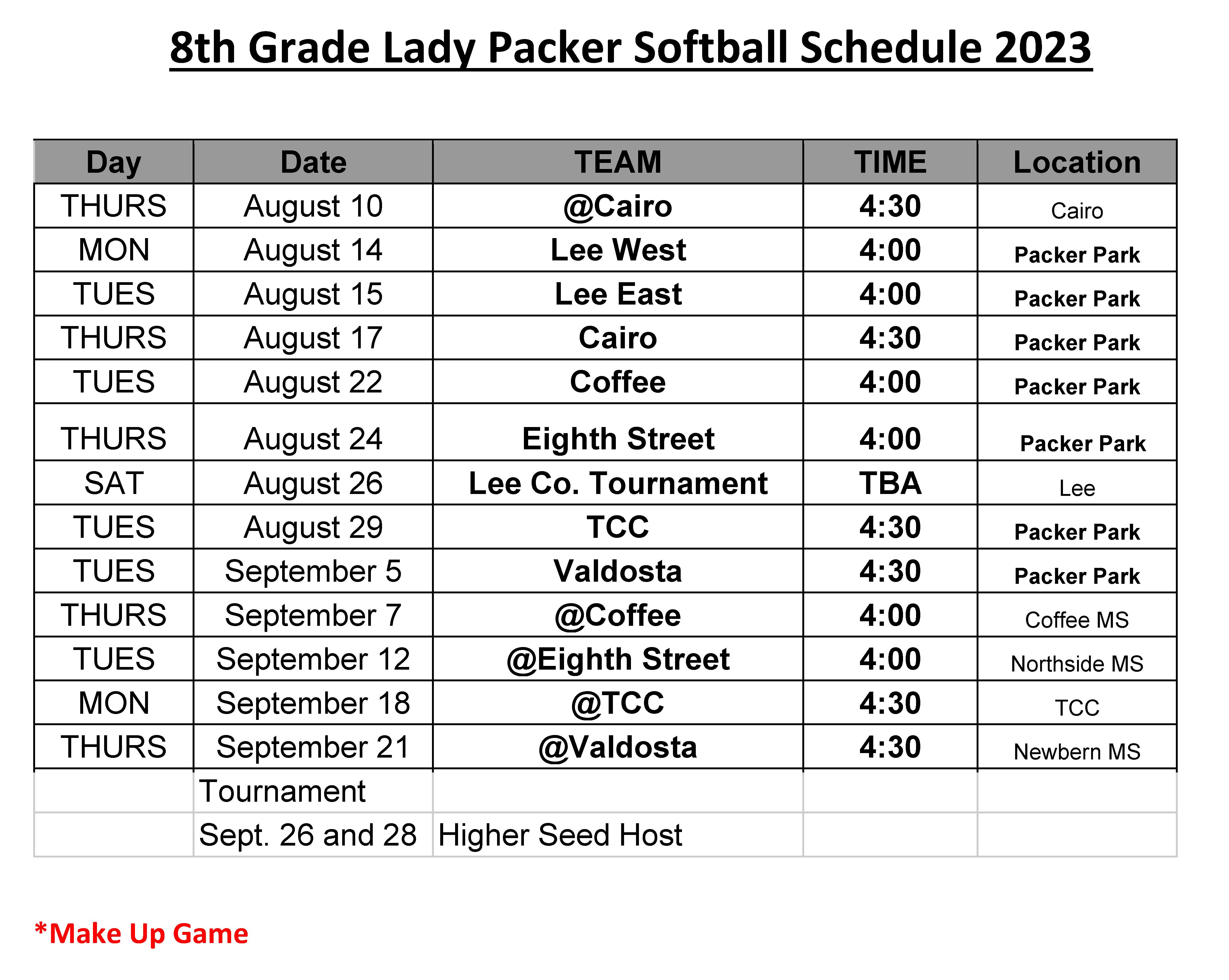 8th grade 2023 Softball Schedule