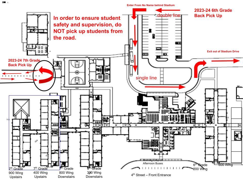 picture of map of school with 6th & 7th grade pick-up spaces marked